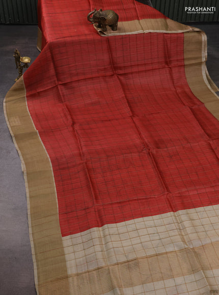Pure Tussar silk saree red and cream with allover zari checked pattern and zari woven border
