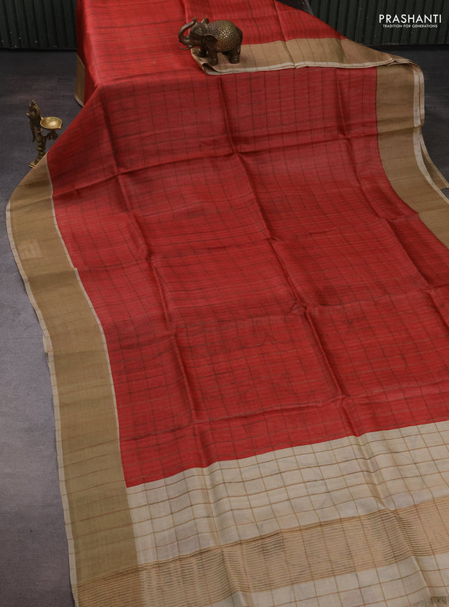 Pure Tussar silk saree red and cream with allover zari checked pattern and zari woven border