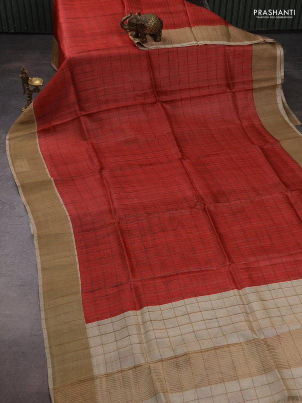 Pure Tussar silk saree red and cream with allover zari checked pattern and zari woven border