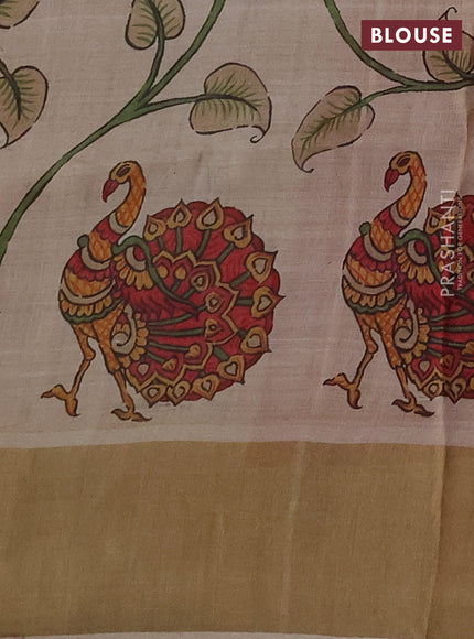 Pure Tussar silk saree red and cream with allover zari checked pattern and zari woven border