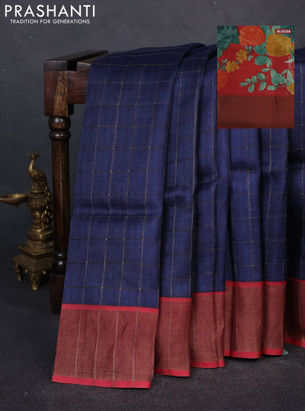 Pure Tussar silk saree navy blue and red with allover zari checked pattern and zari woven border