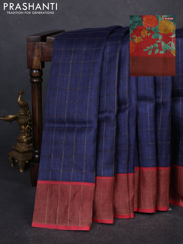 Pure Tussar silk saree navy blue and red with allover zari checked pattern and zari woven border