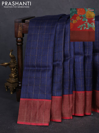 Pure Tussar silk saree navy blue and red with allover zari checked pattern and zari woven border