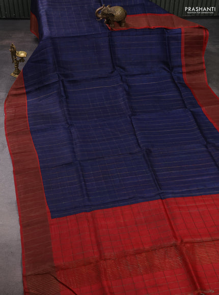 Pure Tussar silk saree navy blue and red with allover zari checked pattern and zari woven border