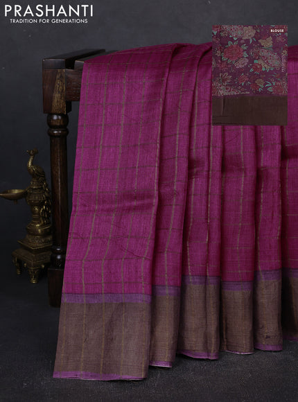 Pure Tussar silk saree magenta pink and deep purple with allover zari checked pattern and zari woven border