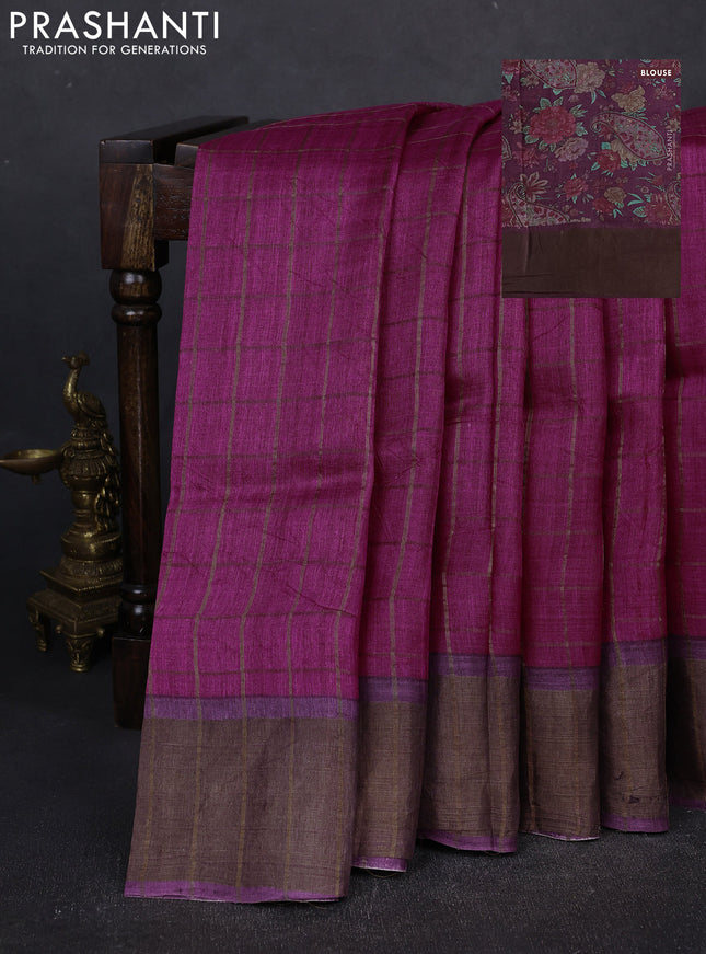 Pure Tussar silk saree magenta pink and deep purple with allover zari checked pattern and zari woven border