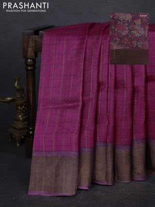 Pure Tussar silk saree magenta pink and deep purple with allover zari checked pattern and zari woven border
