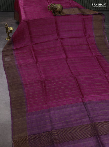 Pure Tussar silk saree magenta pink and deep purple with allover zari checked pattern and zari woven border