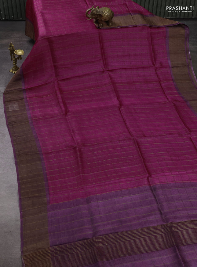 Pure Tussar silk saree magenta pink and deep purple with allover zari checked pattern and zari woven border