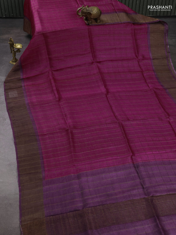 Pure Tussar silk saree magenta pink and deep purple with allover zari checked pattern and zari woven border