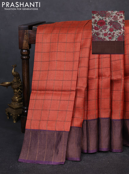 Pure Tussar silk saree orange and deep purple with allover zari checked pattern and zari woven border