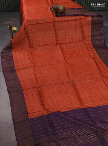 Pure Tussar silk saree orange and deep purple with allover zari checked pattern and zari woven border