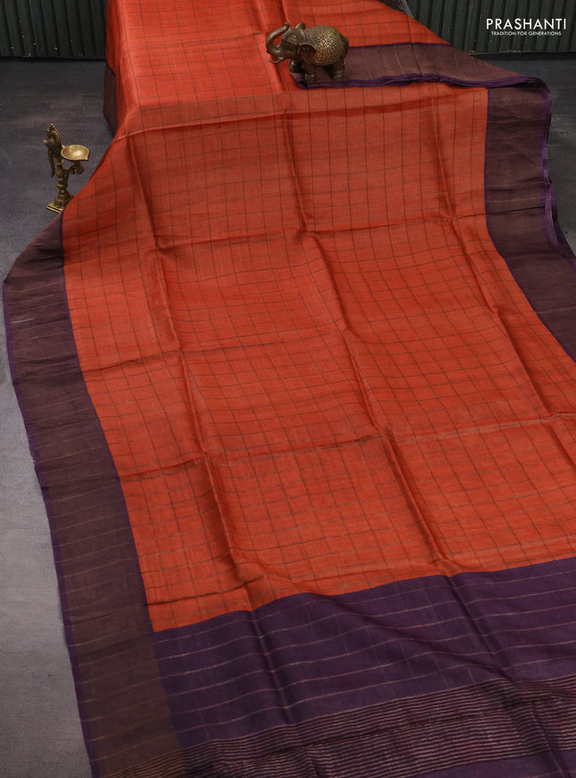 Pure Tussar silk saree orange and deep purple with allover zari checked pattern and zari woven border