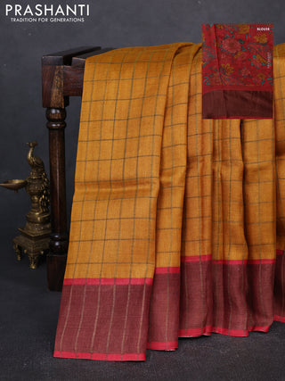 Pure Tussar silk saree mustard yellow and red with allover zari checked pattern and zari woven border