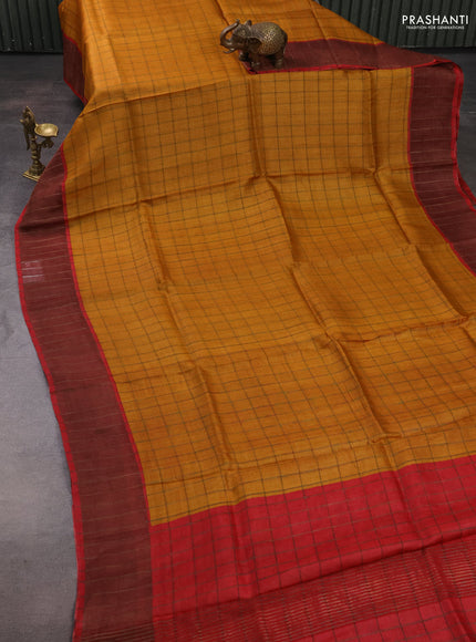 Pure Tussar silk saree mustard yellow and red with allover zari checked pattern and zari woven border