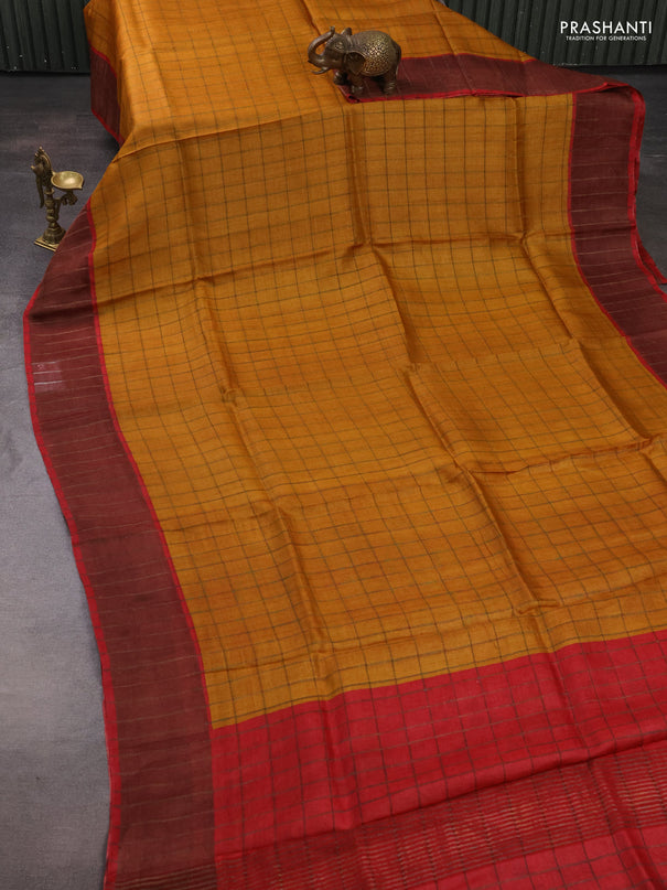 Pure Tussar silk saree mustard yellow and red with allover zari checked pattern and zari woven border