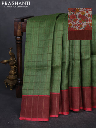Pure Tussar silk saree mehendi green and red with allover zari checked pattern and zari woven border