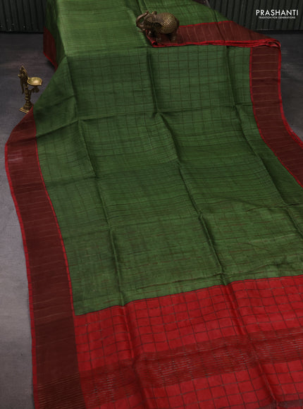 Pure Tussar silk saree mehendi green and red with allover zari checked pattern and zari woven border