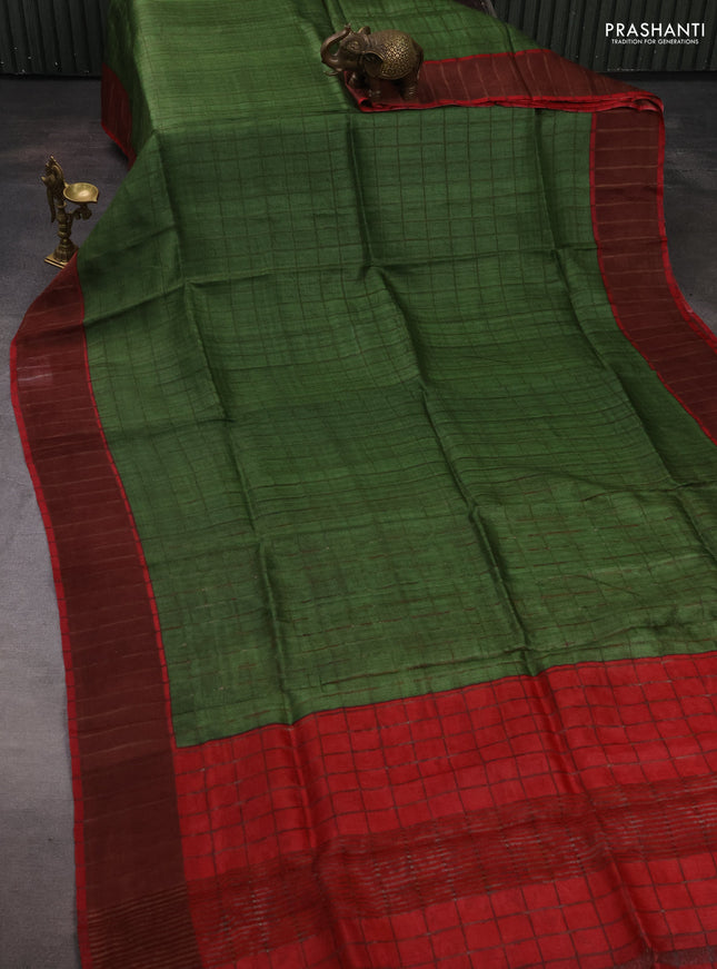 Pure Tussar silk saree mehendi green and red with allover zari checked pattern and zari woven border