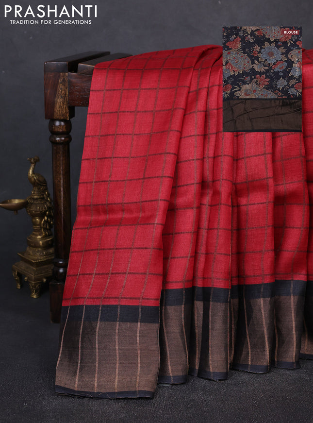 Pure Tussar silk saree red and black with allover zari checked pattern and zari woven border
