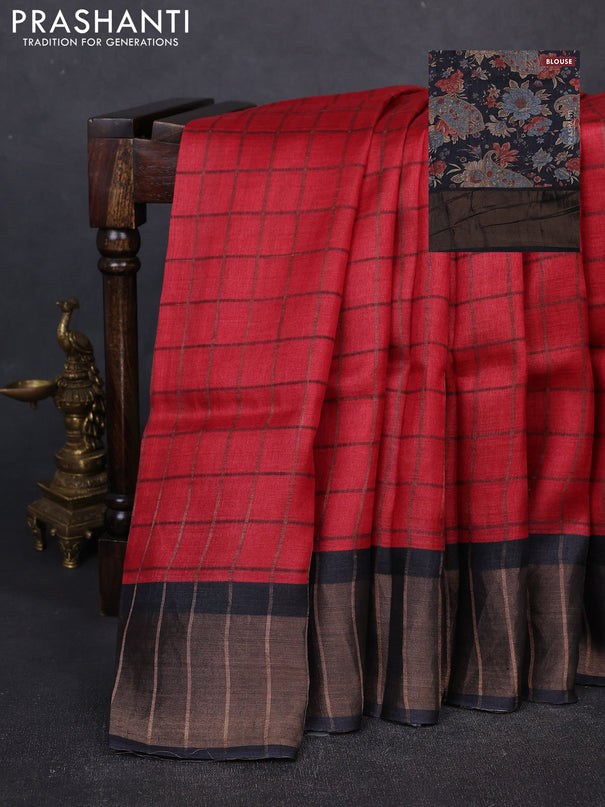 Pure Tussar silk saree red and black with allover zari checked pattern and zari woven border