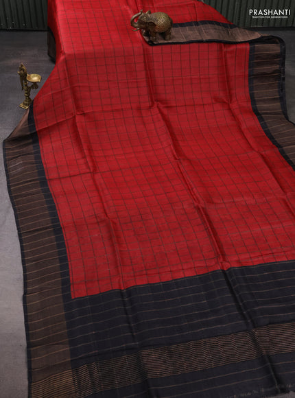 Pure Tussar silk saree red and black with allover zari checked pattern and zari woven border