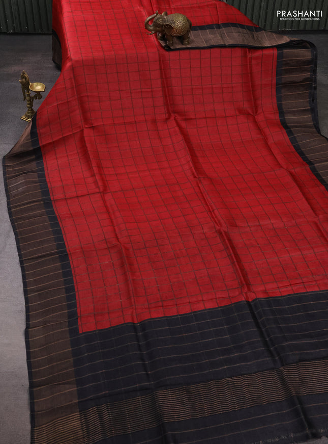 Pure Tussar silk saree red and black with allover zari checked pattern and zari woven border