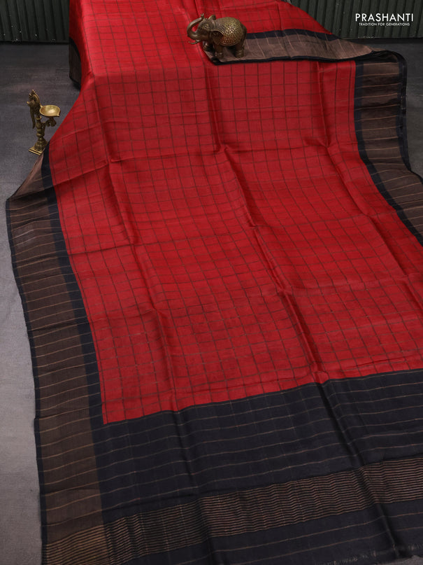 Pure Tussar silk saree red and black with allover zari checked pattern and zari woven border
