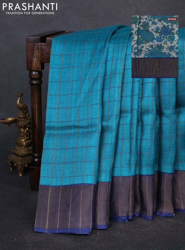Pure Tussar silk saree teal blue and blue with allover zari checked pattern and zari woven border