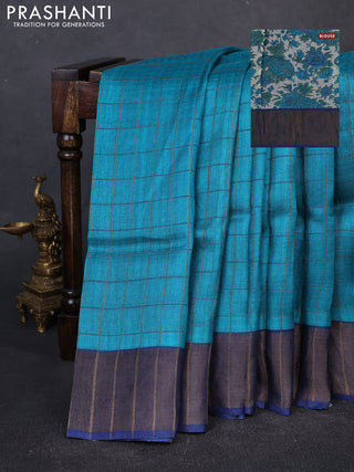 Pure Tussar silk saree teal blue and blue with allover zari checked pattern and zari woven border