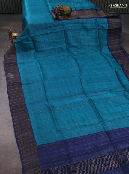 Pure Tussar silk saree teal blue and blue with allover zari checked pattern and zari woven border