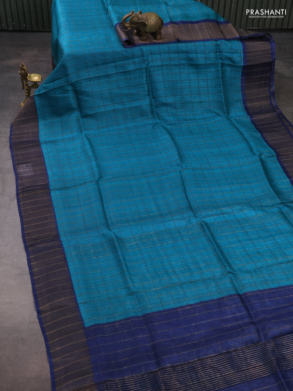 Pure Tussar silk saree teal blue and blue with allover zari checked pattern and zari woven border