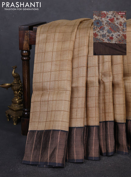 Pure Tussar silk saree sandal and black with allover zari checked pattern and zari woven border