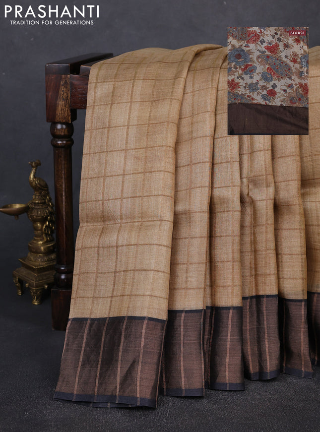 Pure Tussar silk saree sandal and black with allover zari checked pattern and zari woven border