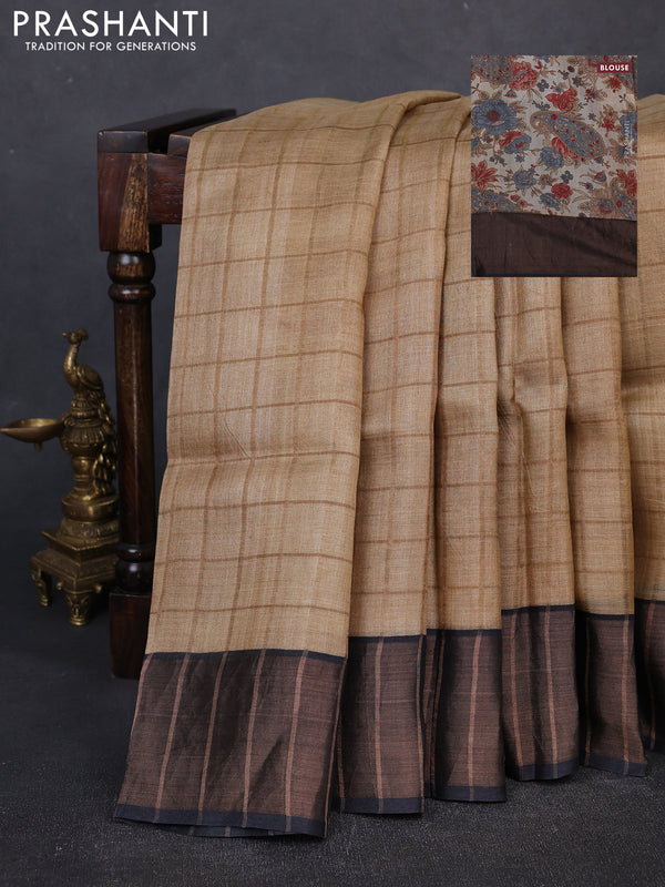 Pure Tussar silk saree sandal and black with allover zari checked pattern and zari woven border