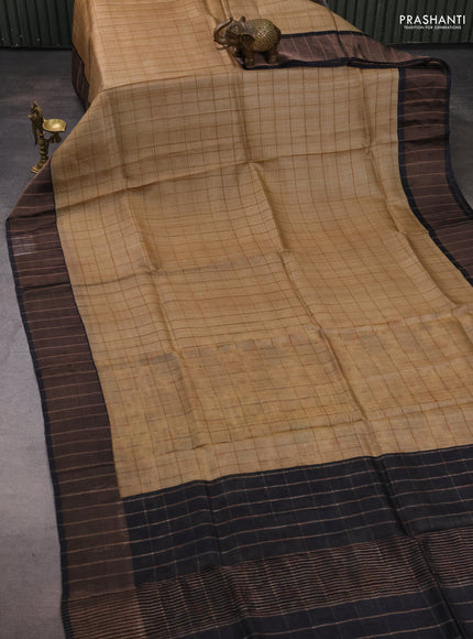 Pure Tussar silk saree sandal and black with allover zari checked pattern and zari woven border