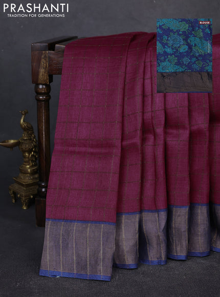 Pure Tussar silk saree dark magenta pink and blue with allover zari checked pattern and zari woven border