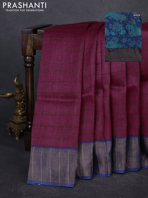 Pure Tussar silk saree dark magenta pink and blue with allover zari checked pattern and zari woven border