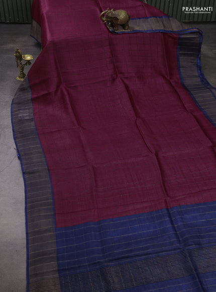 Pure Tussar silk saree dark magenta pink and blue with allover zari checked pattern and zari woven border