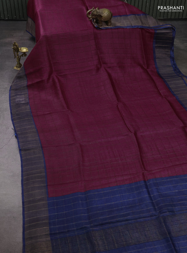 Pure Tussar silk saree dark magenta pink and blue with allover zari checked pattern and zari woven border