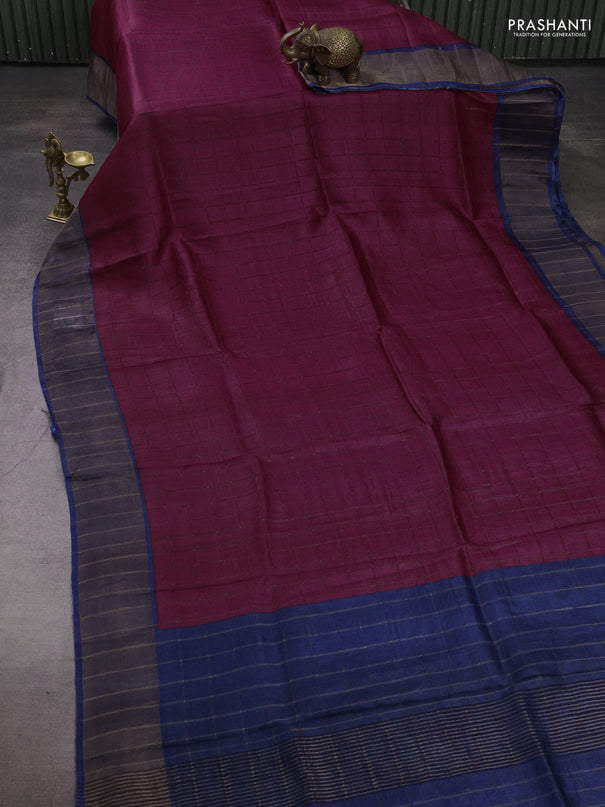 Pure Tussar silk saree dark magenta pink and blue with allover zari checked pattern and zari woven border