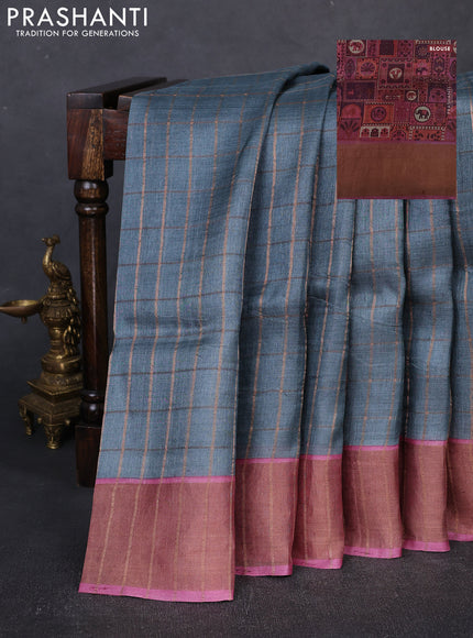 Pure Tussar silk saree grey and pink shade with allover zari checked pattern and zari woven border