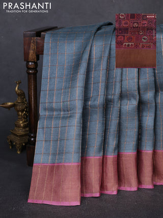 Pure Tussar silk saree grey and pink shade with allover zari checked pattern and zari woven border