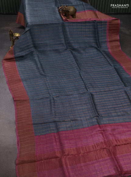 Pure Tussar silk saree grey and pink shade with allover zari checked pattern and zari woven border