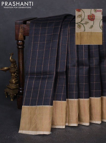Pure Tussar silk saree black and cream with allover zari checked pattern and zari woven border