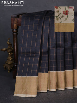 Pure Tussar silk saree black and cream with allover zari checked pattern and zari woven border