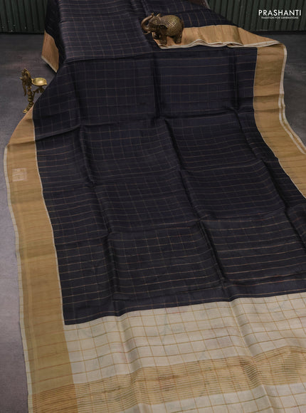 Pure Tussar silk saree black and cream with allover zari checked pattern and zari woven border