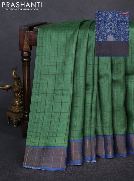 Pure Tussar silk saree green and blue with allover zari checked pattern and zari woven border
