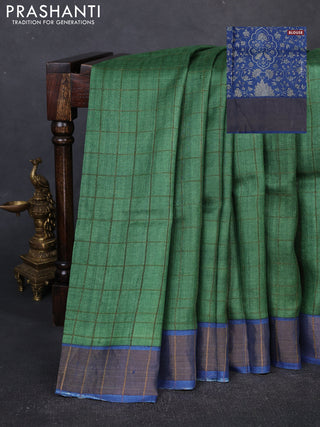 Pure Tussar silk saree green and blue with allover zari checked pattern and zari woven border