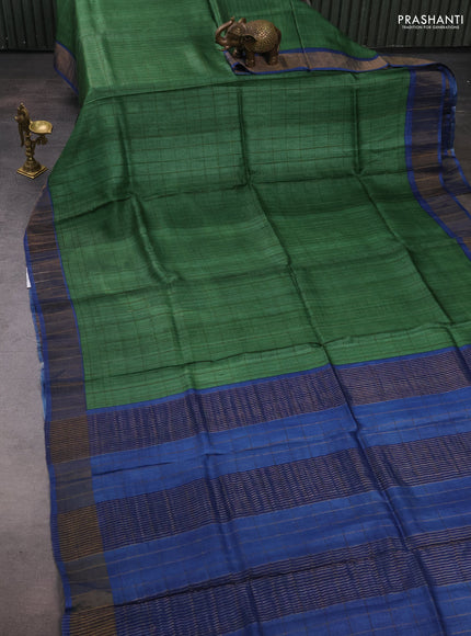 Pure Tussar silk saree green and blue with allover zari checked pattern and zari woven border